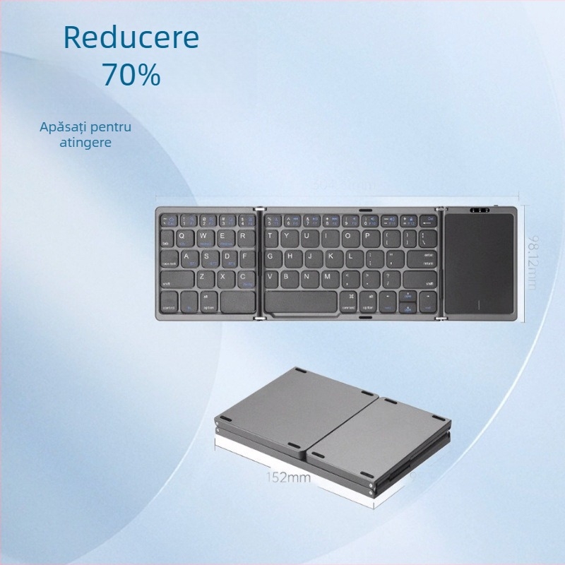 Tastatură Bluetooth pliabilă pentru telefoane și tablete, corp din aliaj de aluminiu, peste 98 taste, conectare la până la 3 dispozitive simultan