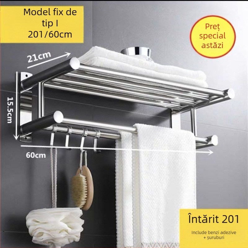 Suport pentru prosoape din oțel inoxidabil, fără găurire, pliabil pentru baie, 1 etaj, capacitate de încărcare până la 1 kg