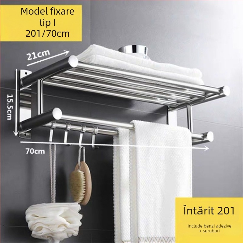 Suport pentru prosoape din oțel inoxidabil, fără găurire, pliabil pentru baie, 1 etaj, capacitate de încărcare până la 1 kg