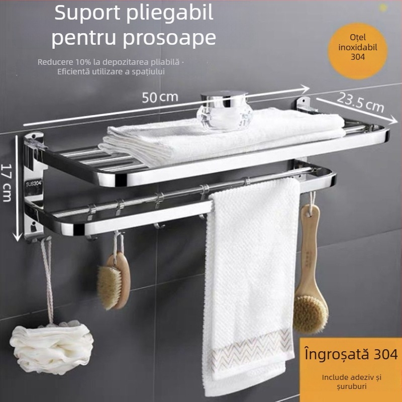 Suport pentru prosoape din oțel inoxidabil, fără găurire, pliabil pentru baie, 1 etaj, capacitate de încărcare până la 1 kg