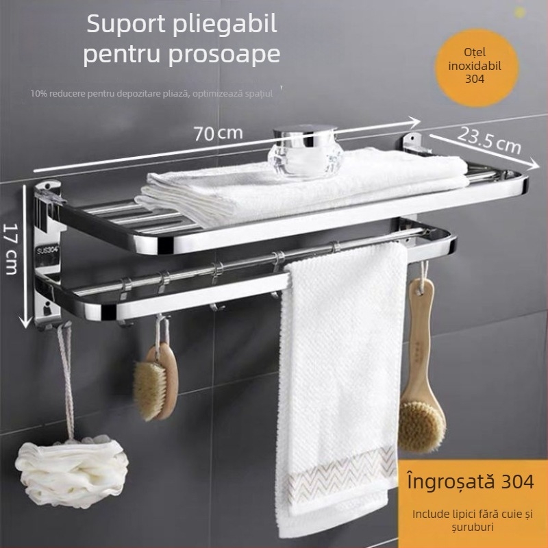 Suport pentru prosoape din oțel inoxidabil, fără găurire, pliabil pentru baie, 1 etaj, capacitate de încărcare până la 1 kg