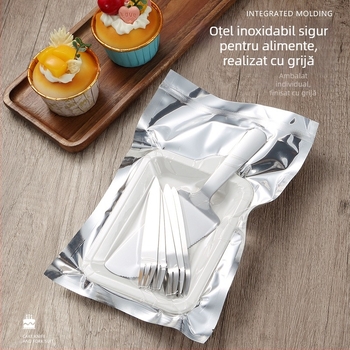 Set de desert din oțel inoxidabil: cuțit, furculiță, farfurie, geantă și imprimare logo – 410 oțel inoxidabil, stil modern minimalist