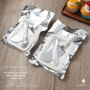 Set de desert din oțel inoxidabil: cuțit, furculiță, farfurie, geantă și imprimare logo – 410 oțel inoxidabil, stil modern minimalist