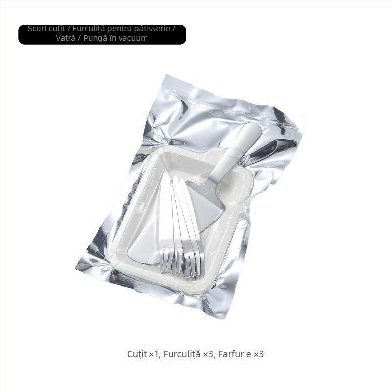 Set de desert din oțel inoxidabil: cuțit, furculiță, farfurie, geantă și imprimare logo – 410 oțel inoxidabil, stil modern minimalist