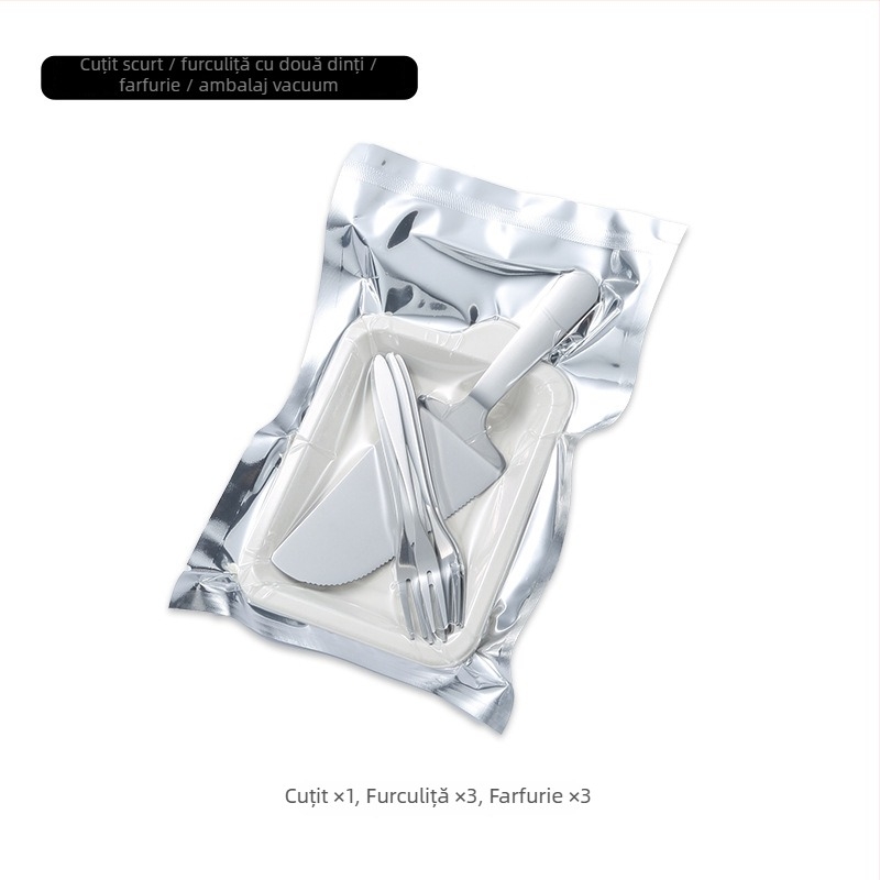 Set de desert din oțel inoxidabil: cuțit, furculiță, farfurie, geantă și imprimare logo – 410 oțel inoxidabil, stil modern minimalist