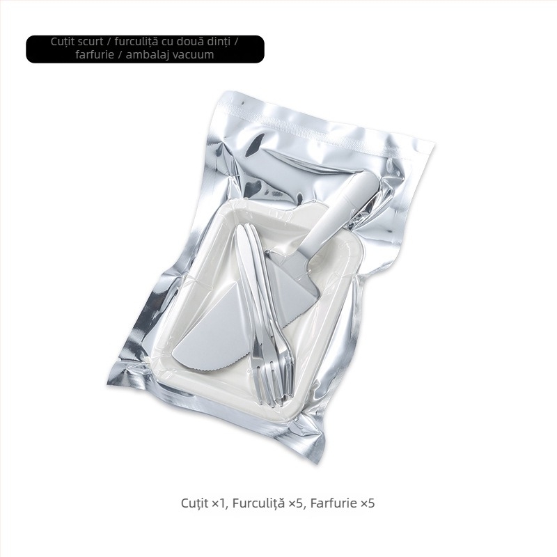 Set de desert din oțel inoxidabil: cuțit, furculiță, farfurie, geantă și imprimare logo – 410 oțel inoxidabil, stil modern minimalist