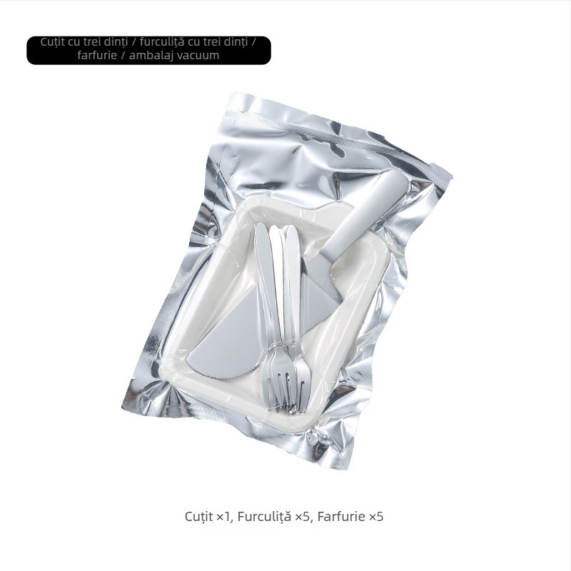 Set de desert din oțel inoxidabil: cuțit, furculiță, farfurie, geantă și imprimare logo – 410 oțel inoxidabil, stil modern minimalist