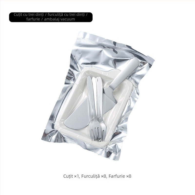 Set de desert din oțel inoxidabil: cuțit, furculiță, farfurie, geantă și imprimare logo – 410 oțel inoxidabil, stil modern minimalist