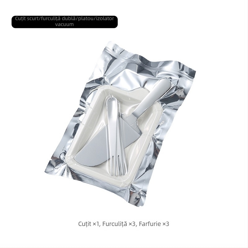 Set de desert din oțel inoxidabil: cuțit, furculiță, farfurie, geantă și imprimare logo – 410 oțel inoxidabil, stil modern minimalist