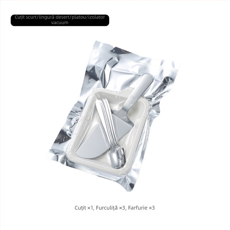 Set de desert din oțel inoxidabil: cuțit, furculiță, farfurie, geantă și imprimare logo – 410 oțel inoxidabil, stil modern minimalist