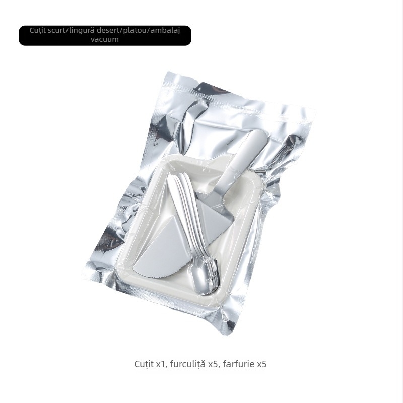 Set de desert din oțel inoxidabil: cuțit, furculiță, farfurie, geantă și imprimare logo – 410 oțel inoxidabil, stil modern minimalist