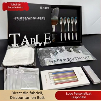 Set din oțel inoxidabil: cuțit, furculiță și farfurie pentru tort cu lumânare, 410 oțel inoxidabil, finisaj oglindă, poate servi 5, reutilizabil, imprimare logo disponibil