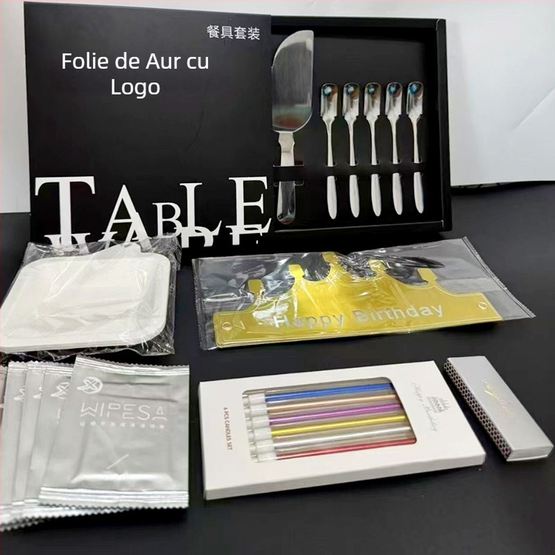 Set din oțel inoxidabil: cuțit, furculiță și farfurie pentru tort cu lumânare, 410 oțel inoxidabil, finisaj oglindă, poate servi 5, reutilizabil, imprimare logo disponibil