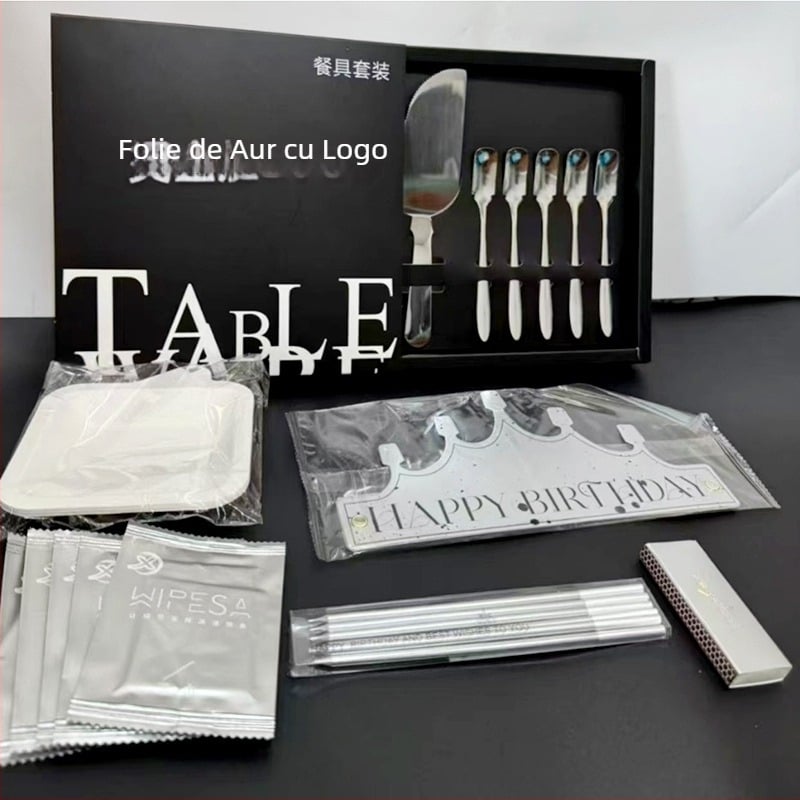 Set din oțel inoxidabil: cuțit, furculiță și farfurie pentru tort cu lumânare, 410 oțel inoxidabil, finisaj oglindă, poate servi 5, reutilizabil, imprimare logo disponibil