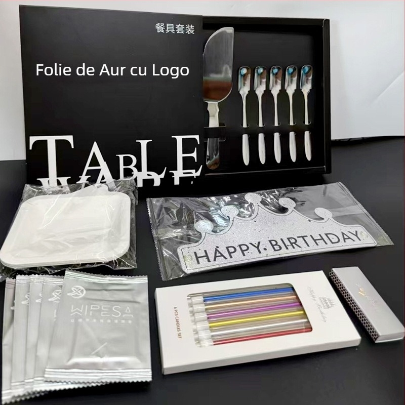 Set din oțel inoxidabil: cuțit, furculiță și farfurie pentru tort cu lumânare, 410 oțel inoxidabil, finisaj oglindă, poate servi 5, reutilizabil, imprimare logo disponibil