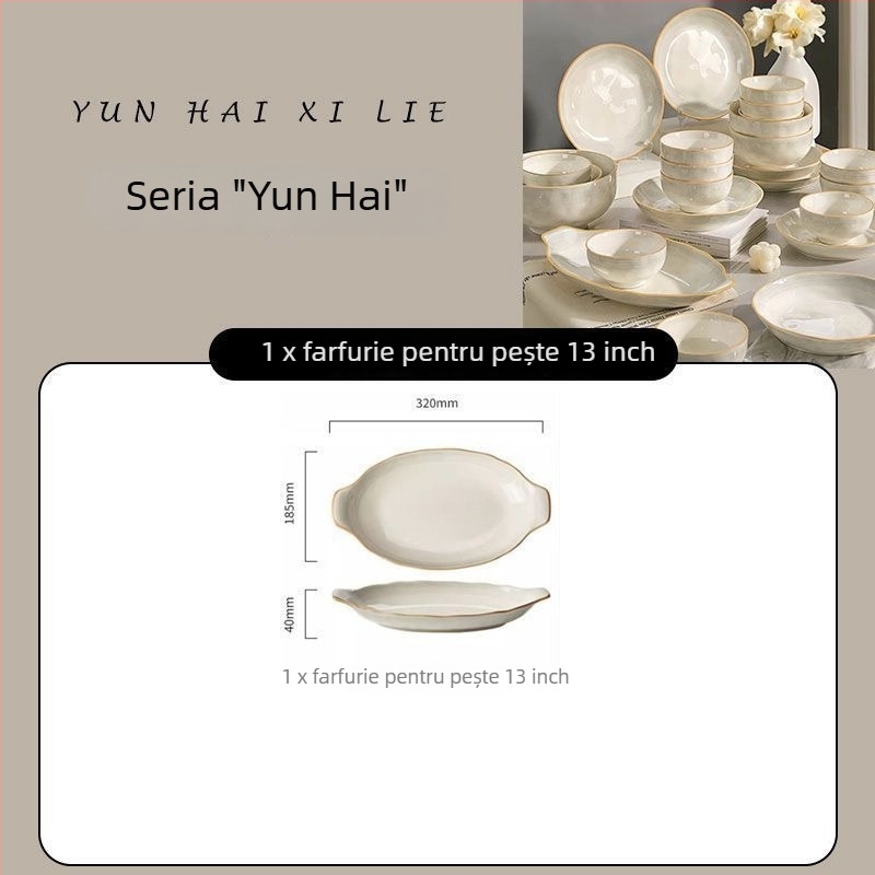 Farfurie de porțelan cu glazură sub glazură, design minimalist-lux, compatibilă cu microunde