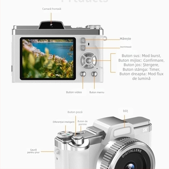 Cameră digitală CCD retro cu cameră duală pentru selfie (68MP • zoom optic 16x • ecran LCD 2.7in • obiectiv periskop • senzor CCD 1/1.7)