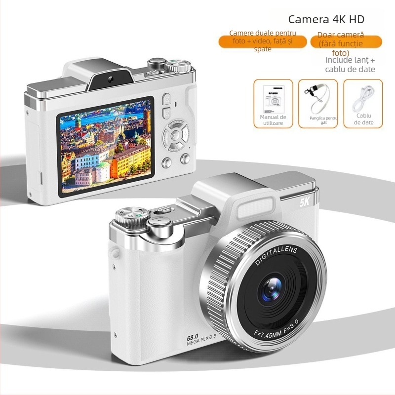 Cameră digitală CCD retro cu cameră duală pentru selfie (68MP • zoom optic 16x • ecran LCD 2.7in • obiectiv periskop • senzor CCD 1/1.7)