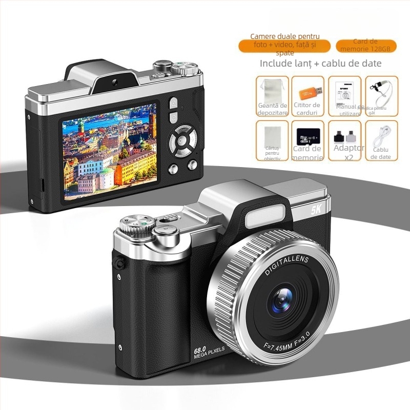 Cameră digitală CCD retro cu cameră duală pentru selfie (68MP • zoom optic 16x • ecran LCD 2.7in • obiectiv periskop • senzor CCD 1/1.7)