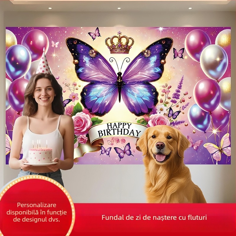Fundal de ziua de naștere cu motiv fluture, Material poliester, Stil 28905, Fundal pentru ziua de naștere, Accesorii pentru amenajarea spațiului