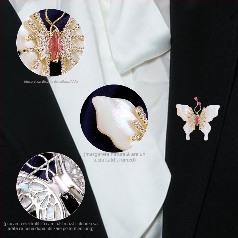 Broșă fluture pentru femei, din cupru ecologic, cu zirconiu încrustat, stil feminin, iarnă 2025