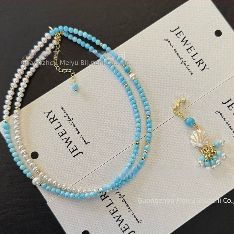 Colier din perle de apă dulce, perle aproape rotunde, lanț din cupru, pandantiv cu perlă, stil prințesă