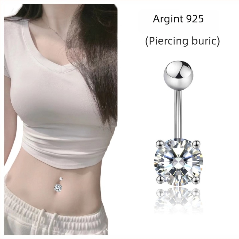 Inel ombilical din argint 925 cu zircon încrustat, design simplu, bijuterii pentru piercing corporal