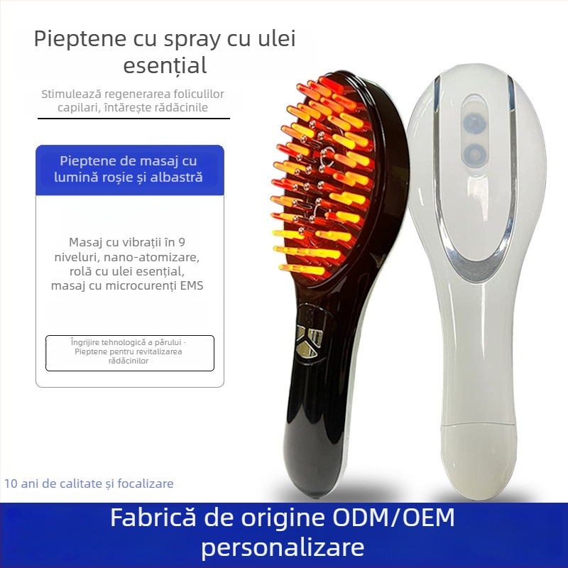 Pieptene 2-în-1 pentru creșterea și îngrijirea părului, cu spray de ulei esențial, nano spray, EMS microcurenți (3 niveluri), 9 niveluri de vibrație, terapie cu lumină, masaj electric al scalpului