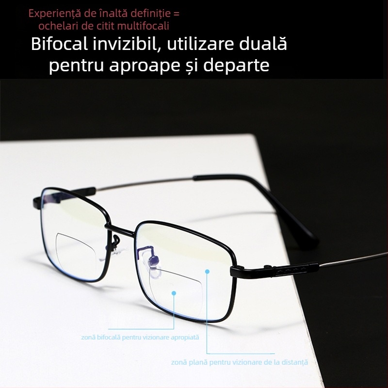 Ochelari de citit cu ramă din titan memory, model 5M9E, anti-lumină albastră duală, unisex, ramă metalică