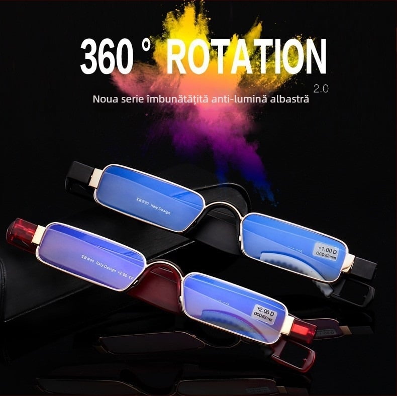 Ochelari de lectură rotativi la 360°, anti-lumină albastră, pliere, ramă metalică, unisex