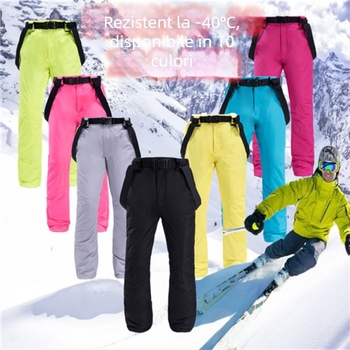 Pantaloni de schi unisex cu bretele detașabile, impermeabili și rezistenți la vânt, cu căptușeală groasă din umplutură imitatie de mătase-cotton