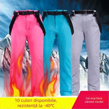 Pantaloni de schi unisex cu bretele detașabile, impermeabili și rezistenți la vânt, cu căptușeală groasă din umplutură imitatie de mătase-cotton