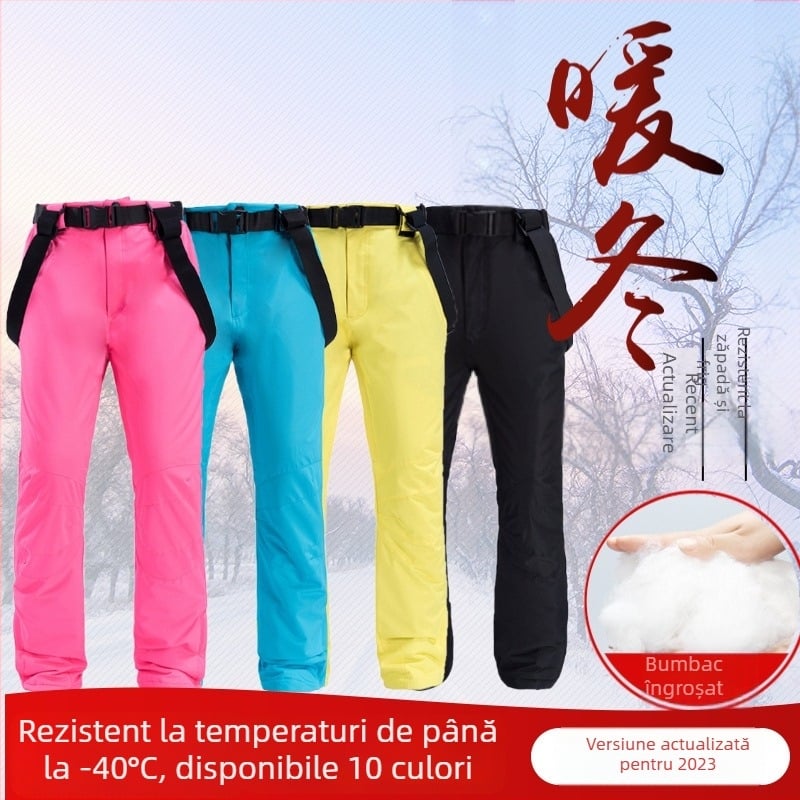 Pantaloni de schi unisex cu bretele detașabile, impermeabili și rezistenți la vânt, cu căptușeală groasă din umplutură imitatie de mătase-cotton