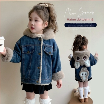 Jachetă denim pentru fete, căptușită cu fleece, cu glugă, groasă, lungime medie, mâneci lungi, închidere cu nasturi pe un rând