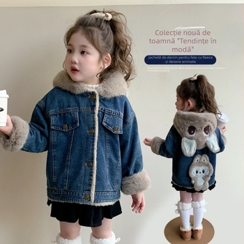 Jachetă denim pentru fete, căptușită cu fleece, cu glugă, groasă, lungime medie, mâneci lungi, închidere cu nasturi pe un rând