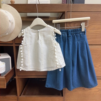 Set pentru copii în stil koreean, din două piese: cămașă fără mâneci și jeanși cu croială largă, bumbac 62%