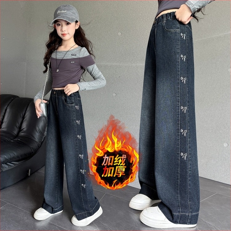 Jeansi din Denim, versiune Coreeană, talie înaltă cu curea elastică, material gros pentru iarnă, pentru copii 8 ani și peste