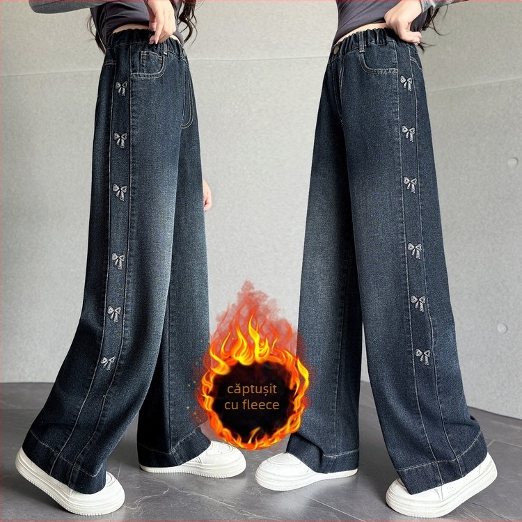 Jeansi din Denim, versiune Coreeană, talie înaltă cu curea elastică, material gros pentru iarnă, pentru copii 8 ani și peste