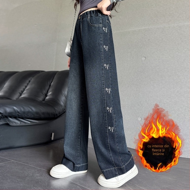 Jeansi din Denim, versiune Coreeană, talie înaltă cu curea elastică, material gros pentru iarnă, pentru copii 8 ani și peste