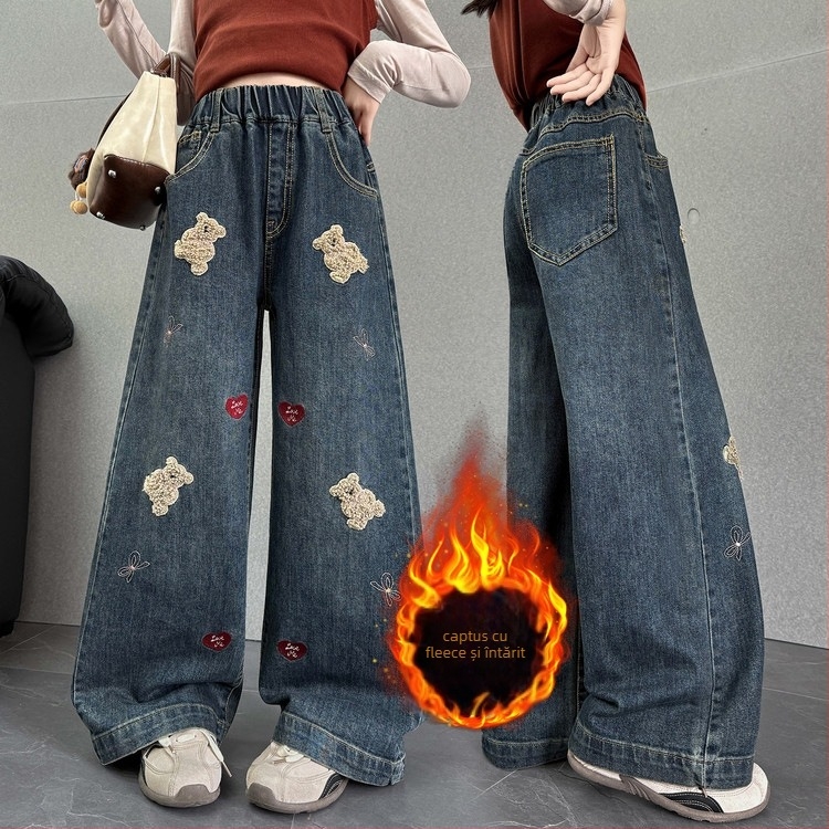 Jeansi pentru fete - drepti, largi, talie medie cu elastic, material denim Cowboy 55%, modele animale/desene animate/flori, toamnă-iarnă 2025