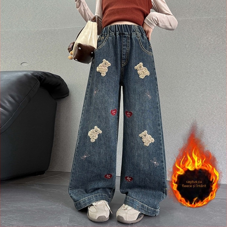 Jeansi pentru fete - drepti, largi, talie medie cu elastic, material denim Cowboy 55%, modele animale/desene animate/flori, toamnă-iarnă 2025