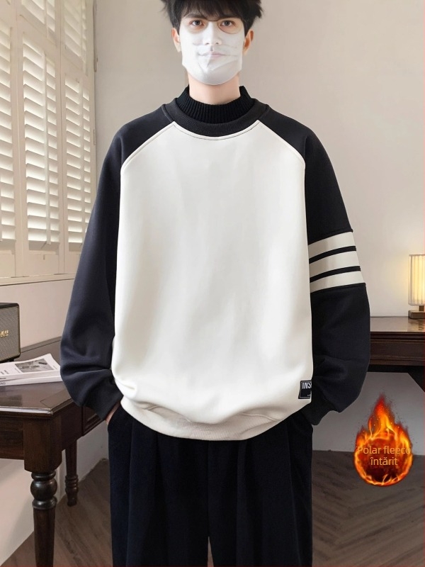 Pulover de iarnă din fleece, guler rotund în stil american, mâneci lungi, croială lejeră