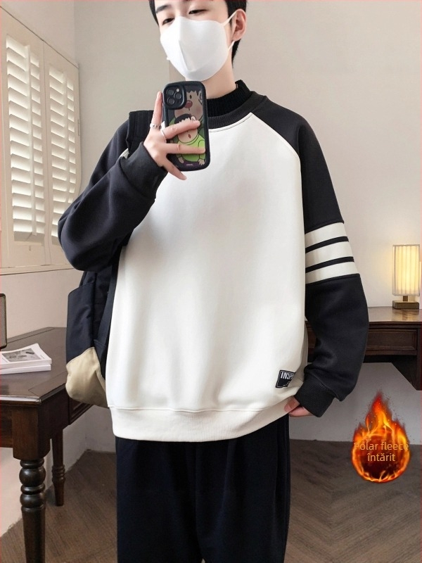 Pulover de iarnă din fleece, guler rotund în stil american, mâneci lungi, croială lejeră