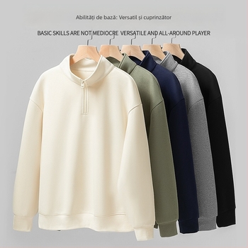 Hanorac din bumbac cu guler înalt și fermoar, mâneci lungi, croială lejeră, primăvară-toamnă, bumbac 81–90%