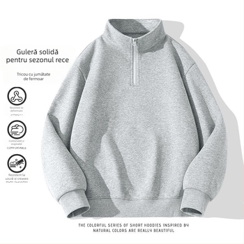 Hanorac din bumbac cu guler înalt și fermoar, mâneci lungi, croială lejeră, primăvară-toamnă, bumbac 81–90%