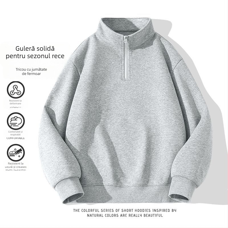 Hanorac din bumbac cu guler înalt și fermoar, mâneci lungi, croială lejeră, primăvară-toamnă, bumbac 81–90%