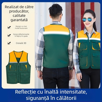 Vesta de lucru pentru unelte, design contrastant, material principal: bumbac 99%, căptușeală acrilică, fermoar, buzunare patch tridimensionale