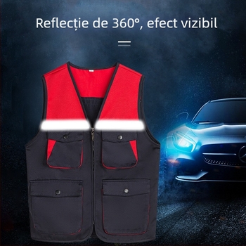 Vesta de lucru pentru unelte, design contrastant, material principal: bumbac 99%, căptușeală acrilică, fermoar, buzunare patch tridimensionale