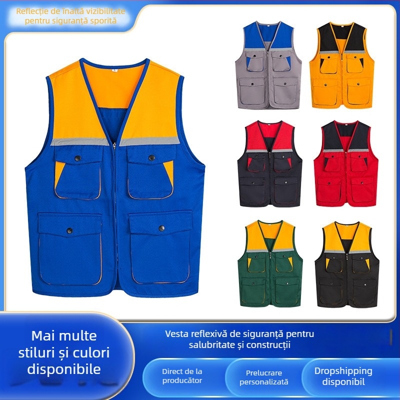 Vesta de lucru pentru unelte, design contrastant, material principal: bumbac 99%, căptușeală acrilică, fermoar, buzunare patch tridimensionale