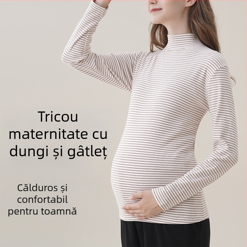 Bluza de bază pentru maternitate cu glugă, guler semi-turtleneck, mâneci lungi, croială Slim, lungime medie, amestec poliester-elastan, fără călcare